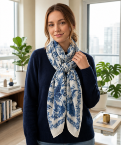 Alternative view of Scarf Blue & Ivory Floral Bird