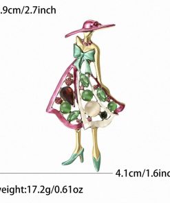 Chic Lady Brooch-Pink Hat & Green Bow