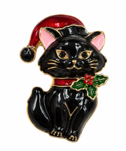 Brooch Cat with Santa Hat & Holly Berry Accent