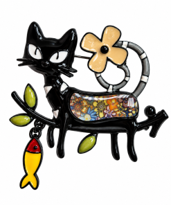 Brooch Cat with Dangling Fish Charm